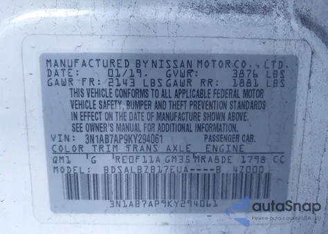 2019 Nissan Sentra S from USA, damaged, VIN 3N1AB7AP9KY294061